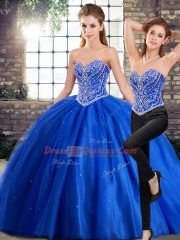 Delicate Blue 15th Birthday Dress Tulle Brush Train Sleeveless Beading