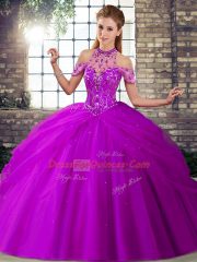 Flare Lace Up Sweet 16 Dresses Purple for Military Ball and Sweet 16 and Quinceanera with Beading and Pick Ups Brush Train