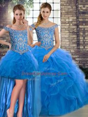 Best Selling Blue Tulle Lace Up Sweet 16 Dresses Sleeveless Brush Train Beading and Ruffles