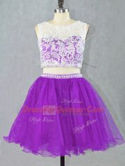 Eggplant Purple Two Pieces Organza Scoop Sleeveless Appliques Zipper Party Dresses