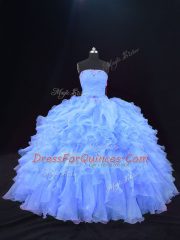 Modern Purple Strapless Neckline Beading and Ruffles Ball Gown Prom Dress Sleeveless Lace Up
