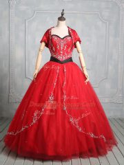 Attractive Red Tulle Lace Up Quinceanera Dresses Sleeveless Floor Length Embroidery