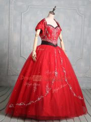 Attractive Red Tulle Lace Up Quinceanera Dresses Sleeveless Floor Length Embroidery