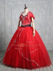 Attractive Red Tulle Lace Up Quinceanera Dresses Sleeveless Floor Length Embroidery