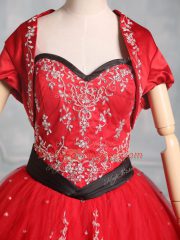 Attractive Red Tulle Lace Up Quinceanera Dresses Sleeveless Floor Length Embroidery