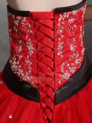 Attractive Red Tulle Lace Up Quinceanera Dresses Sleeveless Floor Length Embroidery
