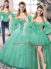 Trendy Sleeveless Tulle Floor Length Lace Up 15th Birthday Dress in Turquoise with Beading