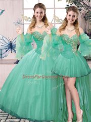 Trendy Sleeveless Tulle Floor Length Lace Up 15th Birthday Dress in Turquoise with Beading