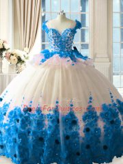 Blue And White Ball Gowns Hand Made Flower 15 Quinceanera Dress Zipper Tulle Sleeveless