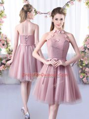 Exquisite Sleeveless Appliques and Belt Lace Up Dama Dress for Quinceanera