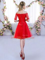 Glittering Red Lace Lace Up Quinceanera Dama Dress Half Sleeves Mini Length Lace