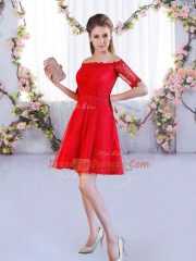 Glittering Red Lace Lace Up Quinceanera Dama Dress Half Sleeves Mini Length Lace
