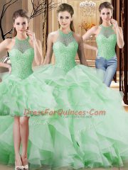 Three Pieces Sleeveless Apple Green 15th Birthday Dress Brush Train Lace Up