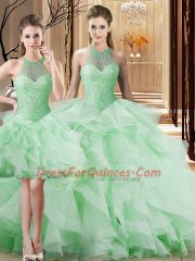Three Pieces Sleeveless Apple Green 15th Birthday Dress Brush Train Lace Up