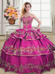 Fuchsia Lace Up Quinceanera Dress Embroidery and Ruffled Layers Sleeveless Floor Length