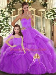 Fine Lilac Lace Up Sweetheart Beading and Ruffles Ball Gown Prom Dress Tulle Sleeveless
