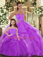 Fine Lilac Lace Up Sweetheart Beading and Ruffles Ball Gown Prom Dress Tulle Sleeveless