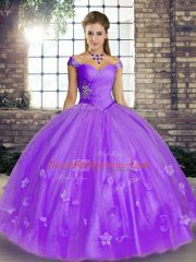 Cute Ball Gowns Sweet 16 Quinceanera Dress Lavender Off The Shoulder Tulle Sleeveless Floor Length Lace Up