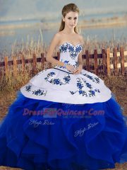 Enchanting Royal Blue Lace Up Sweet 16 Quinceanera Dress Embroidery and Ruffles and Bowknot Sleeveless Floor Length