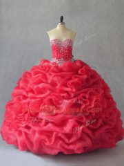 Wonderful Coral Red Lace Up Sweet 16 Quinceanera Dress Sleeveless Floor Length Beading and Pick Ups