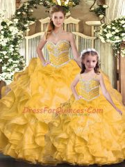 Gold Lace Up Sweetheart Beading and Ruffles Quinceanera Dress Organza Sleeveless