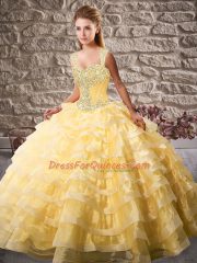 Chic Gold 15th Birthday Dress Sweet 16 and Quinceanera with Beading and Ruffled Layers Straps Sleeveless Court Train Lace Up