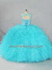 Cheap Aqua Blue Lace Up Scoop Beading and Ruffles Sweet 16 Dress Tulle Sleeveless