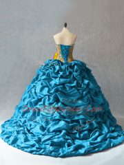 Admirable Beading and Pick Ups Sweet 16 Dresses Aqua Blue Lace Up Sleeveless Brush Train