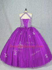 High Quality Sleeveless Tulle Floor Length Lace Up Sweet 16 Quinceanera Dress in Purple with Beading and Appliques
