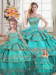 Aqua Blue Ball Gowns Sweetheart Sleeveless Organza Floor Length Lace Up Embroidery and Ruffled Layers Quinceanera Dresses