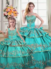 Aqua Blue Ball Gowns Sweetheart Sleeveless Organza Floor Length Lace Up Embroidery and Ruffled Layers Quinceanera Dresses