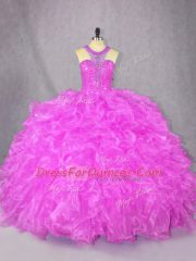 Fuchsia Scoop Zipper Beading and Ruffles Vestidos de Quinceanera Sleeveless
