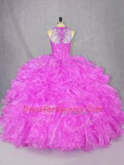 Fuchsia Scoop Zipper Beading and Ruffles Vestidos de Quinceanera Sleeveless