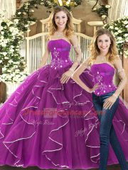 Captivating Purple Sleeveless Beading and Ruffles Lace Up Ball Gown Prom Dress