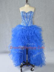 Delicate High Low Blue Dress for Prom Organza Sleeveless Beading and Ruffles