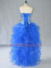 Delicate High Low Blue Dress for Prom Organza Sleeveless Beading and Ruffles