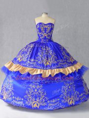 Graceful Royal Blue Satin and Organza Lace Up Sweetheart Sleeveless Floor Length Sweet 16 Quinceanera Dress Embroidery and Bowknot