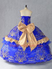 Graceful Royal Blue Satin and Organza Lace Up Sweetheart Sleeveless Floor Length Sweet 16 Quinceanera Dress Embroidery and Bowknot