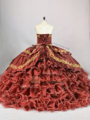 Brown Satin and Organza Lace Up Sweetheart Sleeveless 15th Birthday Dress Brush Train Embroidery and Ruffled Layers