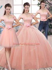Lace and Hand Made Flower Quinceanera Dresses Pink Lace Up Short Sleeves Floor Length
