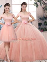 Lace and Hand Made Flower Quinceanera Dresses Pink Lace Up Short Sleeves Floor Length