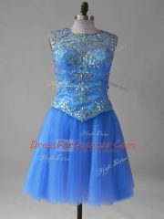 Sleeveless Tulle Mini Length Lace Up Party Dresses in Blue with Beading and Sequins