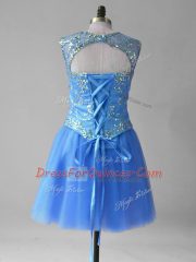 Sleeveless Tulle Mini Length Lace Up Party Dresses in Blue with Beading and Sequins