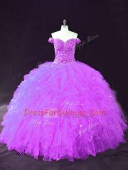 Purple Off The Shoulder Lace Up Beading and Ruffles 15 Quinceanera Dress Sleeveless
