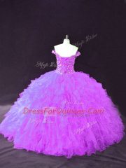 Purple Off The Shoulder Lace Up Beading and Ruffles 15 Quinceanera Dress Sleeveless