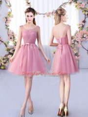 Beautiful Pink Scoop Neckline Appliques and Belt Dama Dress for Quinceanera Sleeveless Lace Up