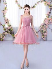 Beautiful Pink Scoop Neckline Appliques and Belt Dama Dress for Quinceanera Sleeveless Lace Up