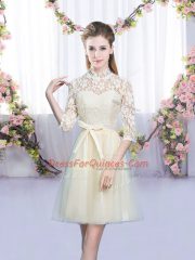 Stunning Half Sleeves Tulle Mini Length Lace Up Quinceanera Dama Dress in Champagne with Bowknot