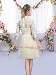 Stunning Half Sleeves Tulle Mini Length Lace Up Quinceanera Dama Dress in Champagne with Bowknot