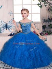 Blue Tulle Lace Up Pageant Dress for Womens Sleeveless Floor Length Beading and Ruffles